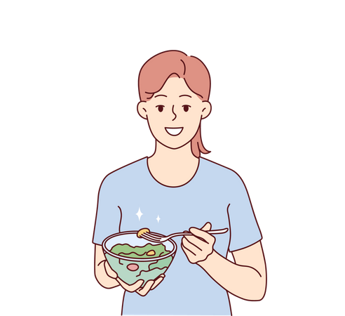 Fille mangeant un bol de légumes  Illustration