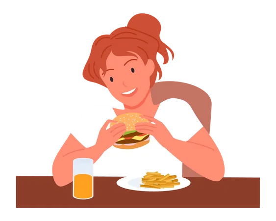 Fille mangeant un hamburger  Illustration