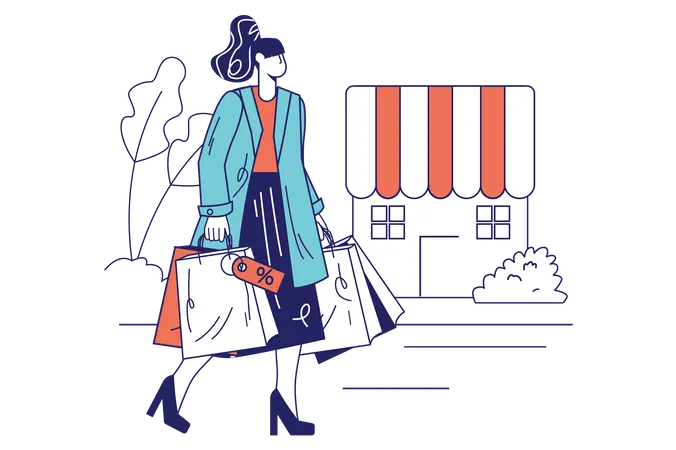 Fille qui marche avec des sacs à provisions  Illustration