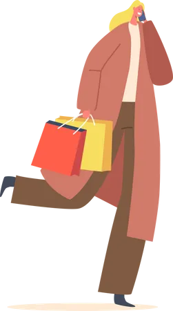 Fille qui marche avec des sacs à provisions  Illustration