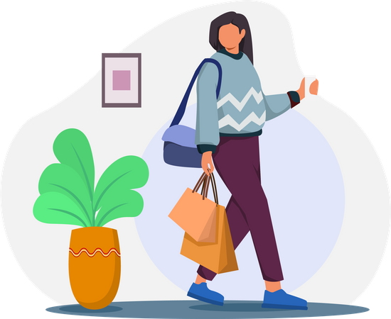 Fille qui marche avec des sacs à provisions  Illustration