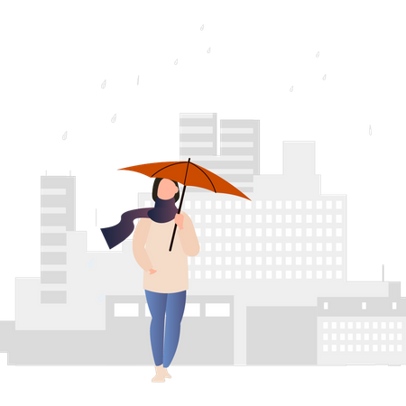 Fille qui marche avec un parapluie  Illustration