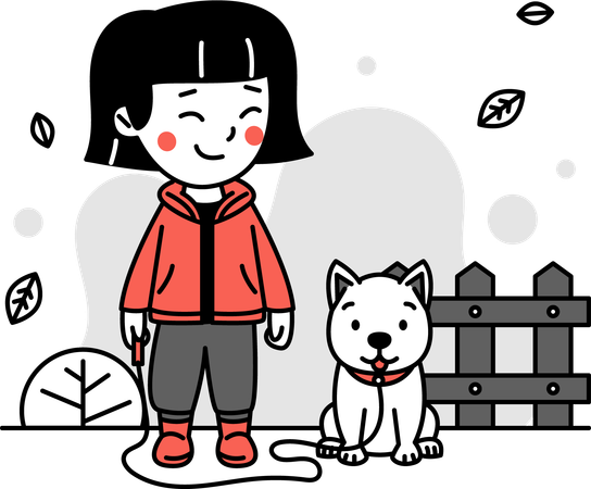 Fille marchant avec un chien  Illustration