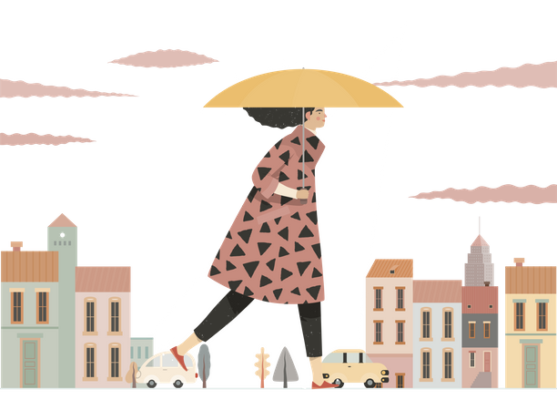 Fille marchant avec un parapluie sous la pluie  Illustration