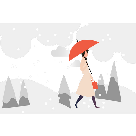 Fille qui marche dans la neige avec un parapluie  Illustration