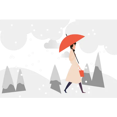 Fille qui marche dans la neige avec un parapluie  Illustration