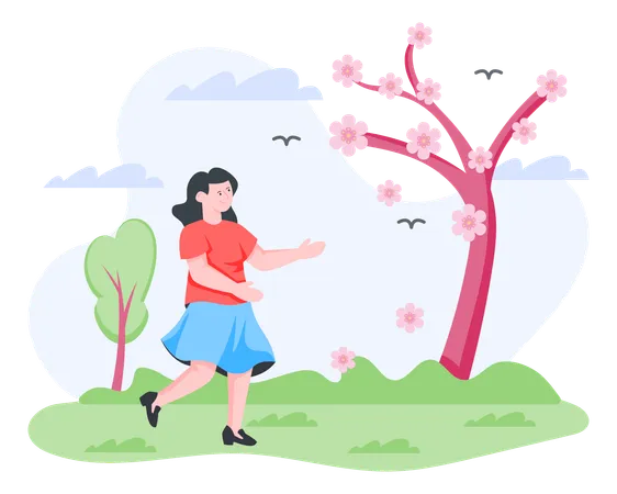 Fille marchant dans le parc au printemps  Illustration