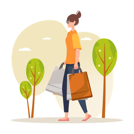 Fille qui marche avec un sac à provisions  Illustration