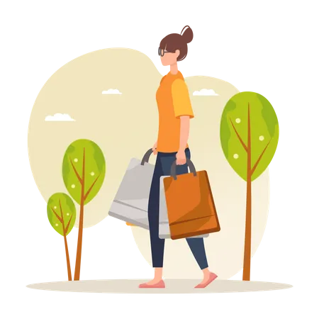 Fille qui marche avec un sac à provisions  Illustration