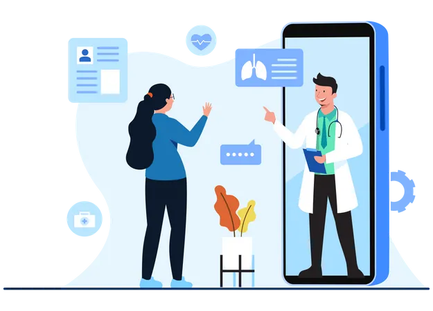 Fille médecin-conseil via une application pour smartphone  Illustration