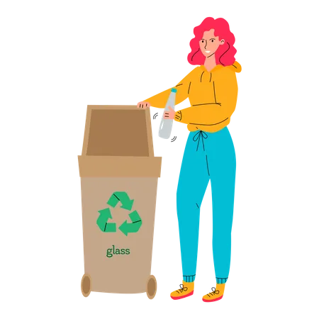 Une fille met les déchets au recyclage  Illustration