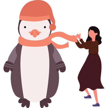 La fille met un foulard autour du cou des pingouins  Illustration