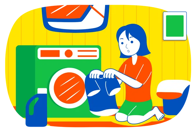 Fille mettant des vêtements dans une machine à laver  Illustration