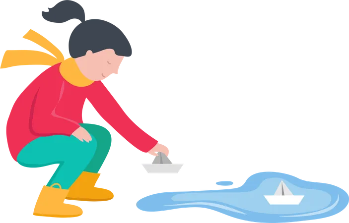 Fille mettant un bateau en papier dans l'eau  Illustration