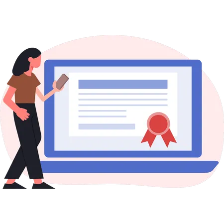 Fille montrant un certificat d'apprentissage en ligne  Illustration