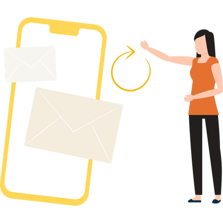 Fille montrant le chargement du courrier sur mobile  Illustration