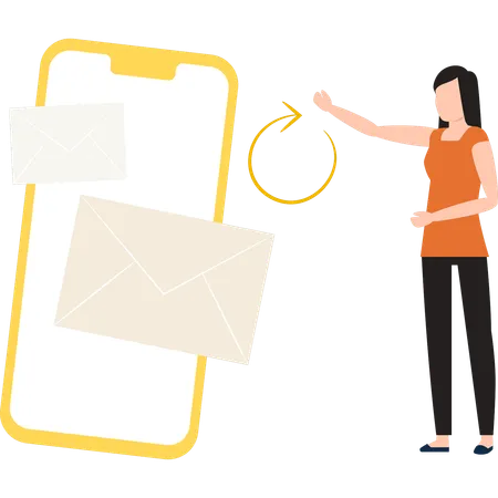 Fille montrant le chargement du courrier sur mobile  Illustration