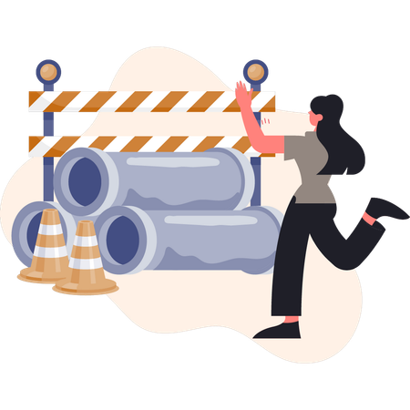 Fille pointant une barrière de chantier  Illustration