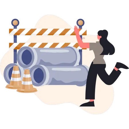 Fille pointant une barrière de chantier  Illustration
