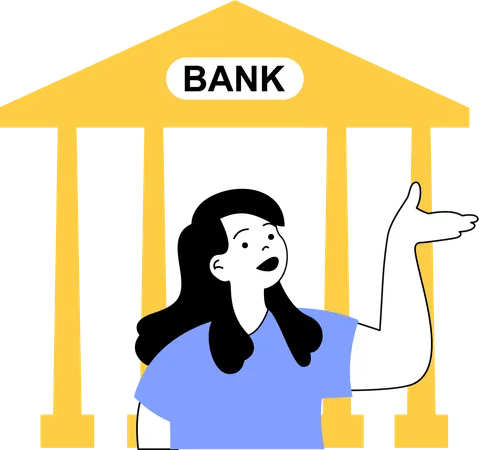 Une fille montre une banque tout en effectuant un investissement bancaire  Illustration