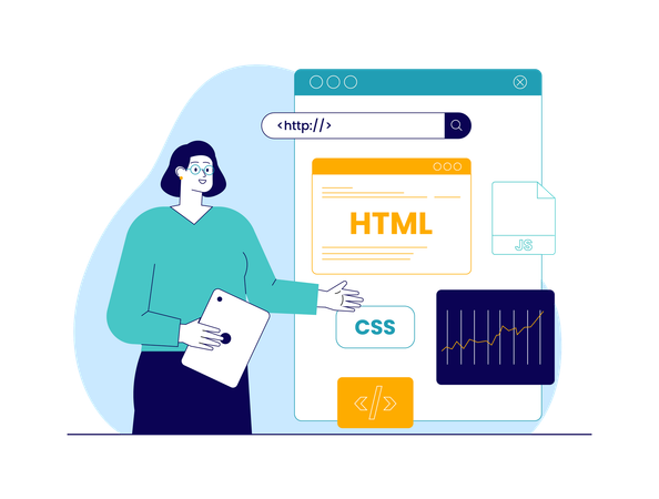 Fille montrant le codage HTML et CSS  Illustration