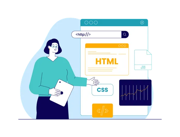 Fille montrant le codage HTML et CSS  Illustration