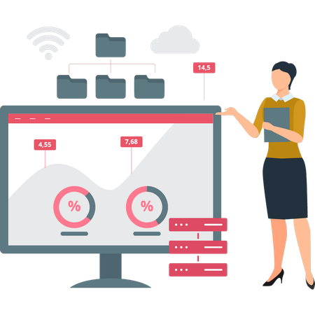 Fille montrant un diagramme circulaire avec différents pourcentages  Illustration