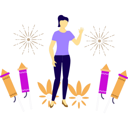 Fille montrant une fusée de feu d'artifice  Illustration