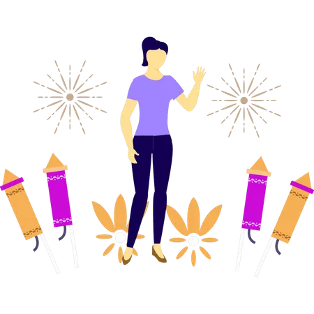 Fille montrant une fusée de feu d'artifice  Illustration