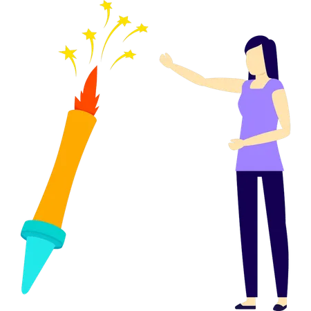 Fille montrant une fusée de feu d'artifice  Illustration