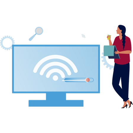 Fille montrant un site Web Wi-Fi sur un moniteur  Illustration