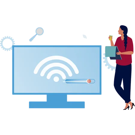 Fille montrant un site Web Wi-Fi sur un moniteur  Illustration