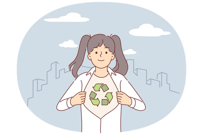 Fille montrant un symbole de recyclage et de durabilité environnementale sous sa chemise  Illustration