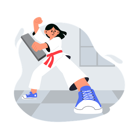 Fille montrant une pose de coup de pied de karaté  Illustration