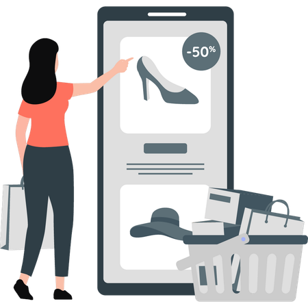 Fille montrant une réduction sur les achats en ligne de chaussures  Illustration