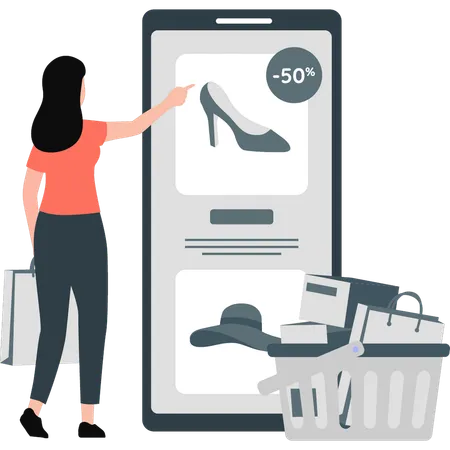 Fille montrant une réduction sur les achats en ligne de chaussures  Illustration