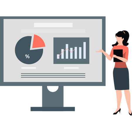 Fille montrant un graphique à secteurs et à barres sur un moniteur  Illustration