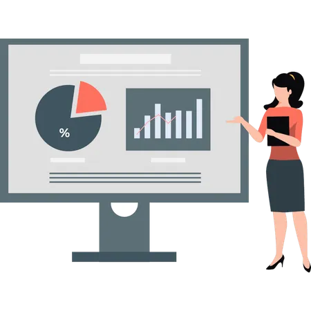 Fille montrant un graphique à secteurs et à barres sur un moniteur  Illustration