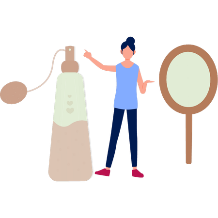 Une fille montre du doigt un parfum  Illustration