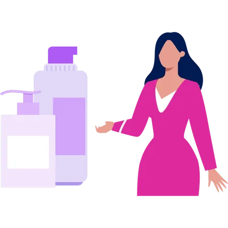 La fille montre une bouteille de lotion  Illustration