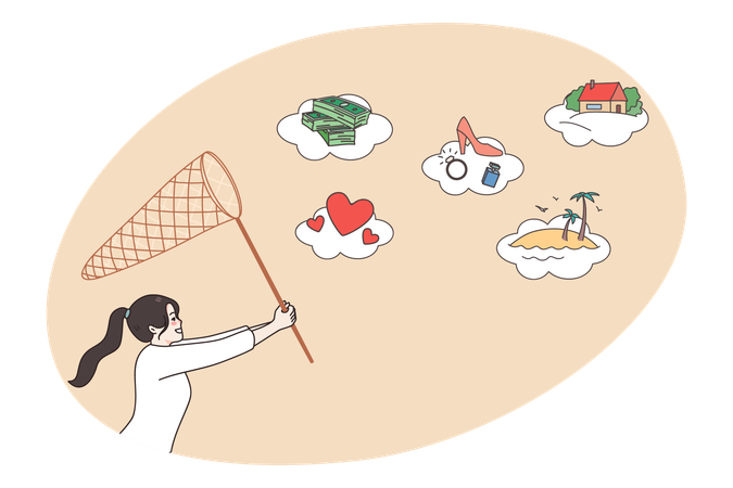 Fille motivée avec un filet pour réaliser ses rêves  Illustration