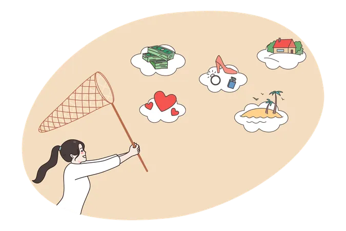 Fille motivée avec un filet pour réaliser ses rêves  Illustration