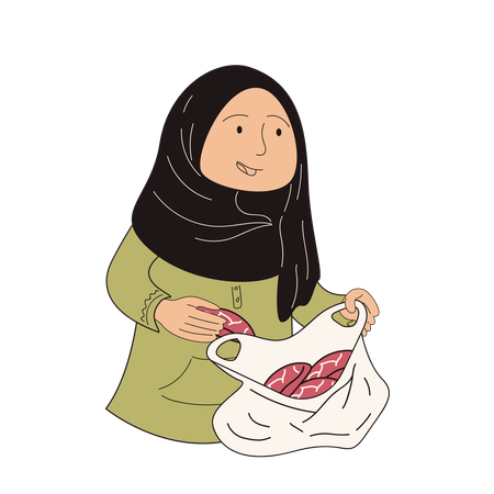 Une fille musulmane met de la viande dans du plastique  Illustration