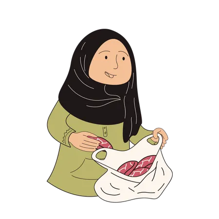 Une fille musulmane met de la viande dans du plastique  Illustration