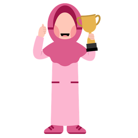 Fille musulmane montrant le pouce vers le haut et le trophée  Illustration