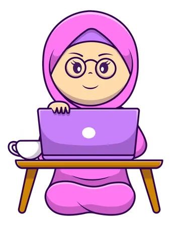 Fille musulmane travaillant sur un ordinateur portable avec une tasse de café chaud  Illustration