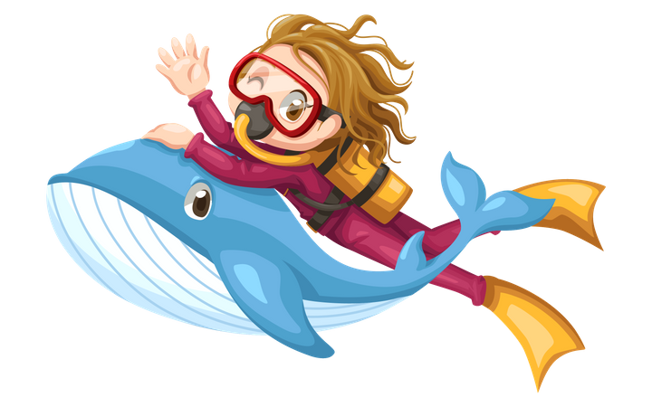 Fille nageant avec des poissons baleines  Illustration