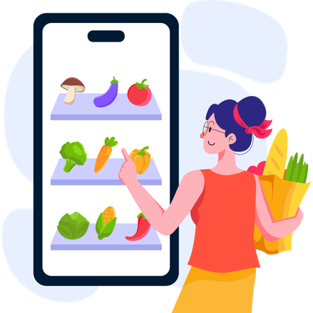 Fille parcourant les courses sur une application mobile  Illustration