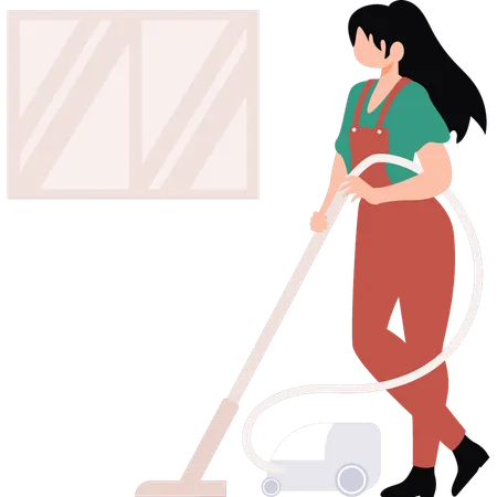 La fille nettoie le sol avec un aspirateur  Illustration