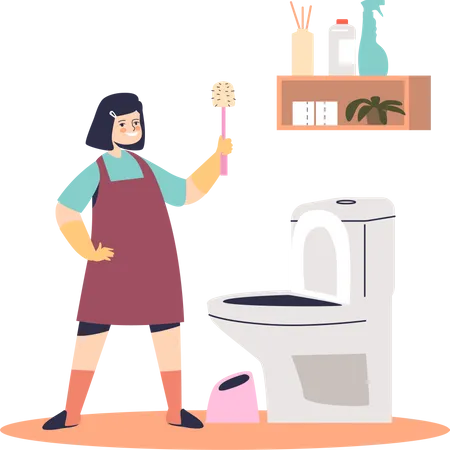 Fille nettoyant les toilettes  Illustration